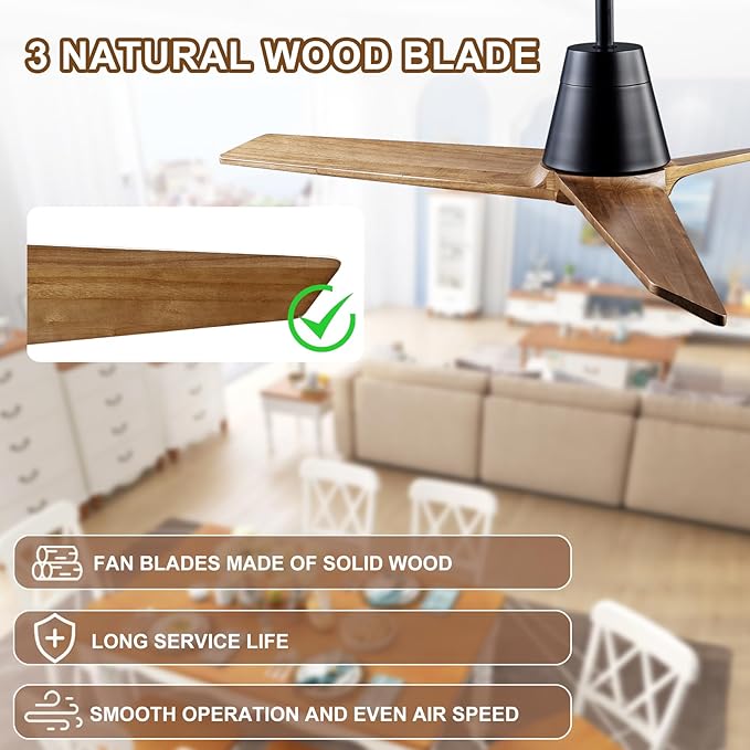 52" Ceiling Fans Without Lights, Solid Wood Ceiling Fan with Remote Control and DC Motor, Ceiling Fan no Light with 3 Blades, Indoor Outdoor Ceiling Fans for Patios, Bedroom-Black + Walnut