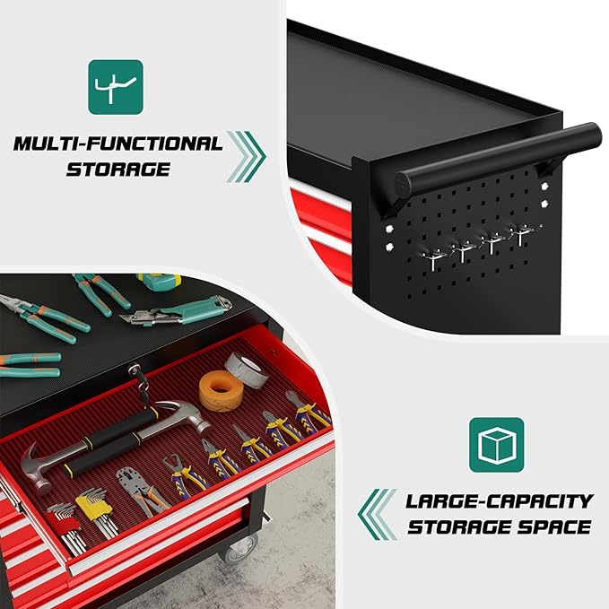 7-Drawer Rolling Tool Chest with Wheels, Tool Box with Locking System and Sliding Drawers, Tool Box Organizer for Garage, Warehouse, Workshop(BlackRed)