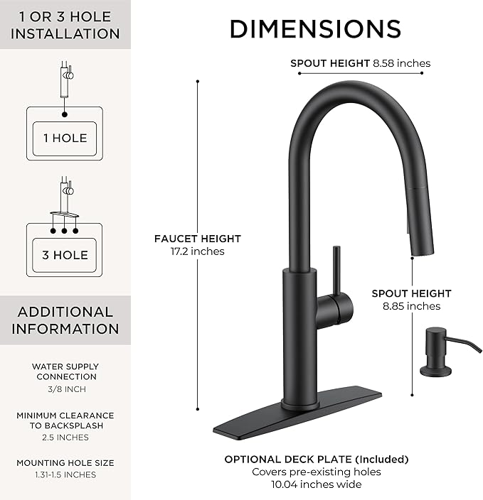 FORIOUS Kitchen Faucet with Soap Dispenser, Modern Matte Black, Single Handle High Arc Stainless Steel Kitchen Sink Faucet with Pull Down Sprayer, 1 or 3 Hole Deck Mount for RV, Laundry, Outdoor