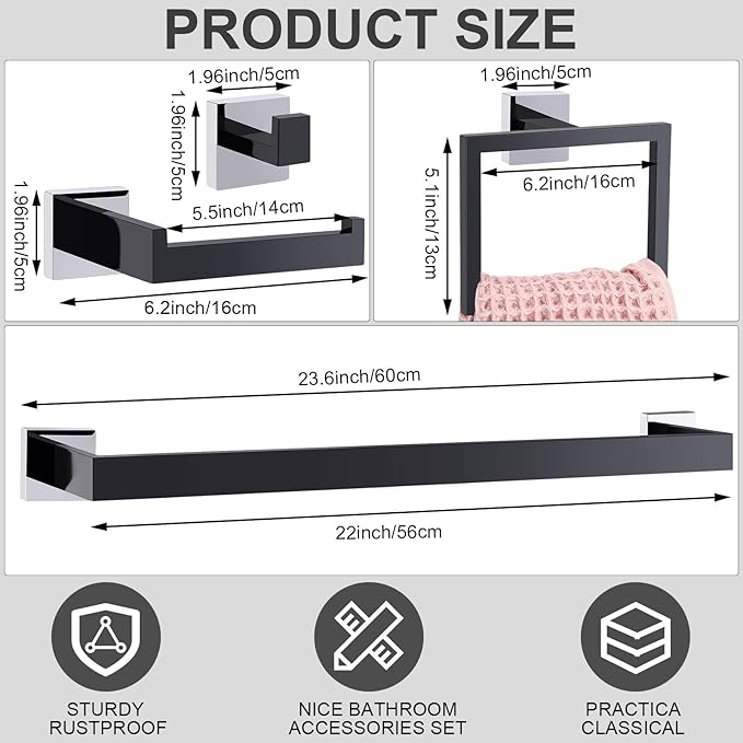 Gisafai 15 Pcs Bathroom Hardware Accessories Set 23.6 Inch Bath Towel Bar Kit Stainless Steel Bathroom Hardware Set Towel Racks Ring Hooks Paper Holder for Wall Mounted (Black Silver)