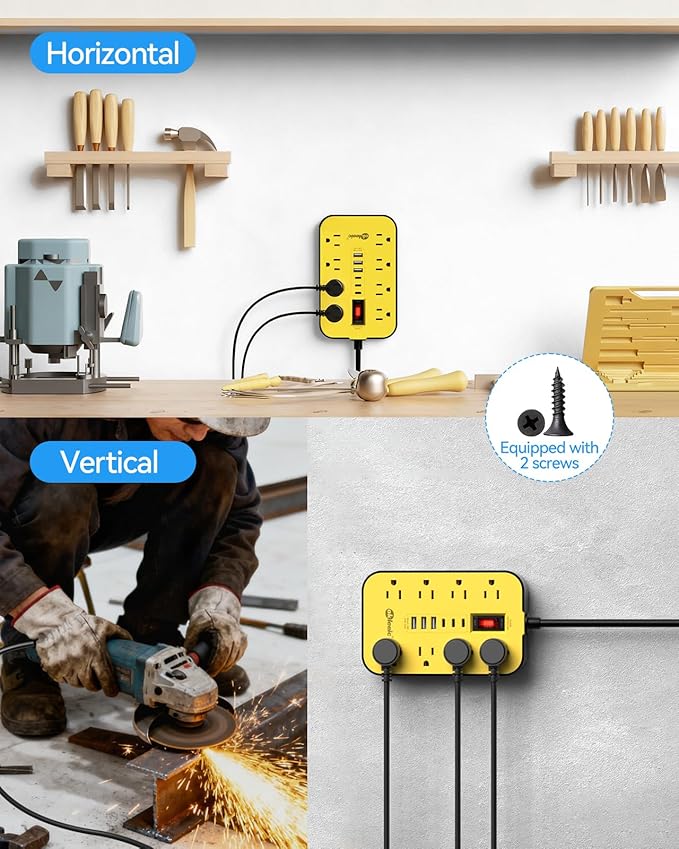 8-Outlets Heavy Duty Power Strip with 6 USB Ports(3 USB-C), Industrial Surge Protector Power Strip 15 Amps/1700 Joules, 6 Ft Multi-Plug Electric Extension Cord Wall Mount for Workshop Garage (Yellow)