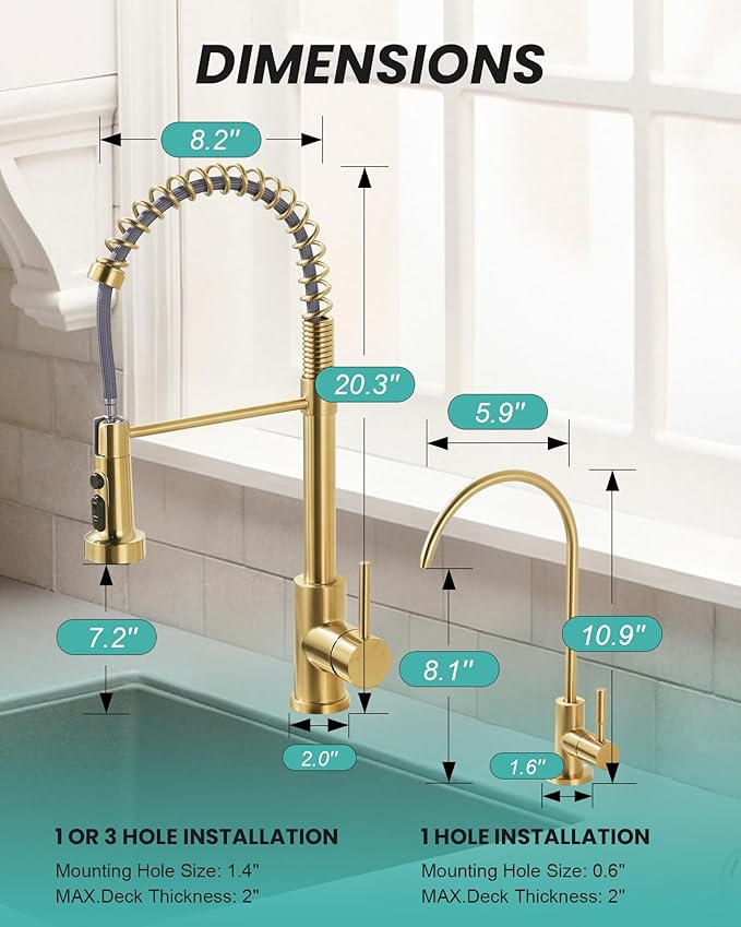 Kitchen Faucet and Water Filter Faucet: Brushed Gold Kitchen Sink Faucet with Drinking Water Faucet - Stainless Steel Single Handle Tap with Pull Down Sprayer for Kitchen Sink Farmhouse Bar