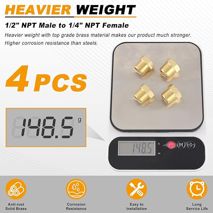 KOOTANS 4pcs Heavy Duty 1/2 NPT Male Thread to 1/4 NPT Female Thread Brass Reducer Hex Bushing Brass Fitting Pipe Hose Tube Adapter Convert