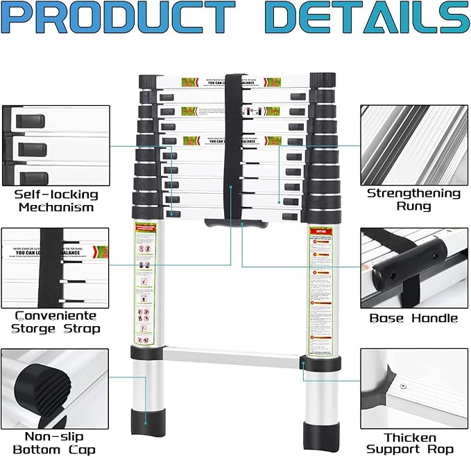 RIKADE Telescoping Ladder 6.5FT & Attic Ladder, Heavy Duty Aluminum with Non-Slip Feet, 330lb Capacity for RV, Attic, Roof & Multi-Surface Use