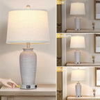 25" Vintage Farmhouse Jar Table Lamps, Single Rustic Bedside Lamp with USB A+C Ports & AC Outlet, Nightstand Lamps for Living Room, Bedroom, End Table, Grey White(LED Bulb Included)