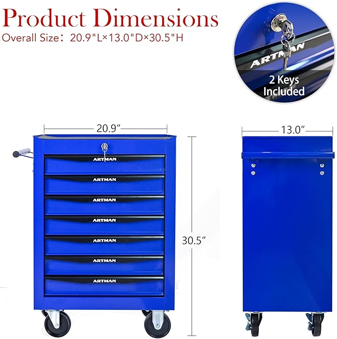 7-Drawer Steel Rolling Tool Cart with Wheels & Handle, Heavy-Duty Tool Chest Storage Cabinet for Garage and Workshop