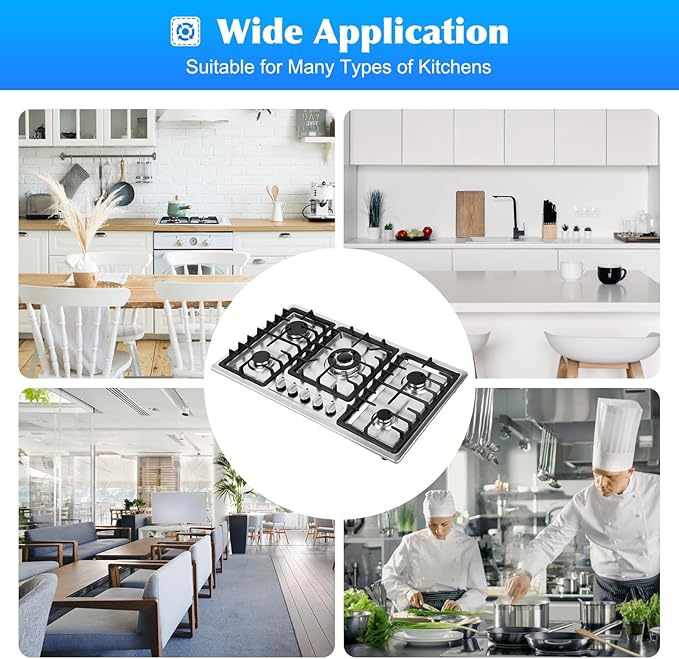 5 Burners Built in Gas Stovetop Cooker Gas Range Portable Stainless Steel Cooktop LPG/NG Dual Fuel Cast Iron Grate Gas Stove Kitchen Cooking Stove for Home RV Outdoor Apartment Silver(33.85x19.68Inch)