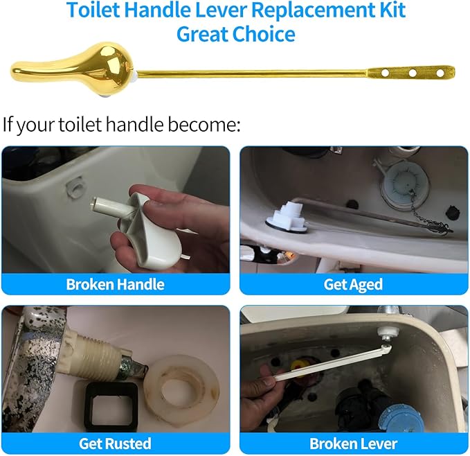 Toilet Flush Handle Replacement Kit for Front Mount Universal Bowl Tank, Zinc Alloy Flusher, Brass Trip Levers, Toilet Repair Parts Compatible with American Standard (Gold)
