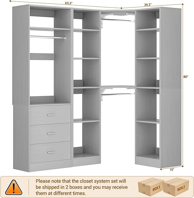 Corner Closet System with 3 Drawers, Corner Closet Organizer System with 13 Shelves & 3 Hanging Rods, 63.2"L * 39.2"W Reversible L Shaped Walk-in Closets, Load 2000+LBS, Grey