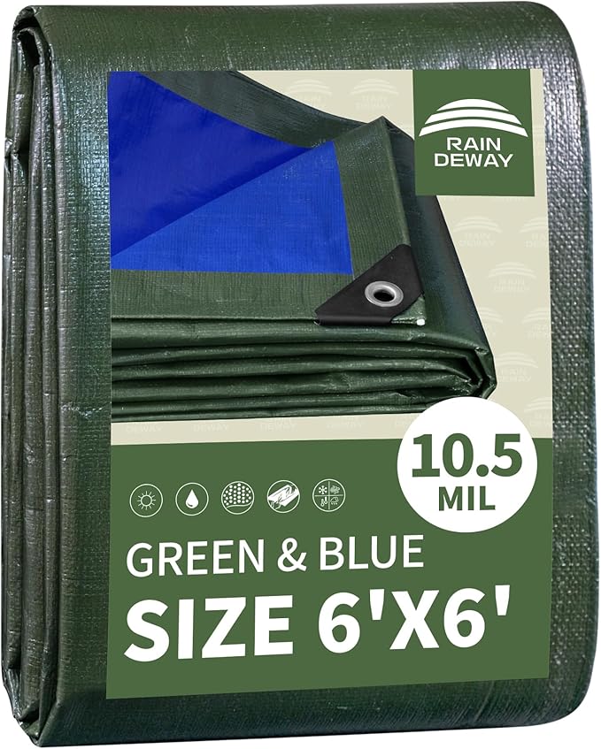 RAINDEWAY Small Waterproof Tarp 6x6 Feet,10.5 Mil Tarps Heavy Duty Waterproof with Metal Grommets and Reinforced Edges,UV Resistant,Durable,Green/Blue Tarp