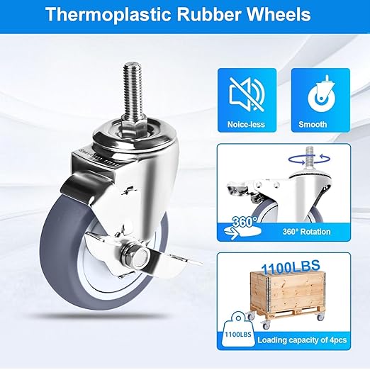 Stainless Steel Caster Wheels 4 inch, 3/8"-16x1 Threaded Stem Casters Set of 4 with Side Brake, Non-Marking Slient TPR Rubber Wheels for Furnitures,Restaurants,Labs,Hospital
