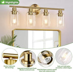 4-Light Bathroom Light Fixtures, Brushed Gold Modern Vanity Lights Over Mirror with Clear Glass Shade, Bathroom Wall Lamp for Mirror Kitchen Living Room Hallway Cabinet Porch Bedroom Reading room