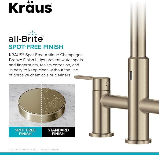 KRAUS Oletto Touchless Sensor Bridge Kitchen Faucet with Pull-Down Sprayhead in Spot-Free Antique Champagne Bronze, KSF-3122SFACB