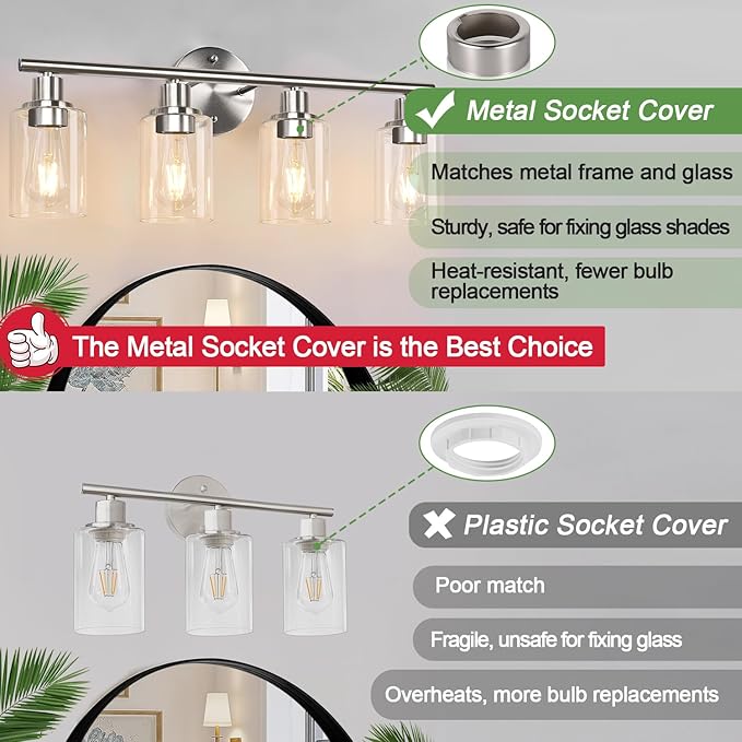 4-Light Bathroom Light Fixtures, Brushed Nickel Modern Vanity Lights Over Mirror with Clear Glass Shade, Bathroom Wall Lamp for Mirror Kitchen Living Room Hallway Cabinet Porch Bedroom Reading room
