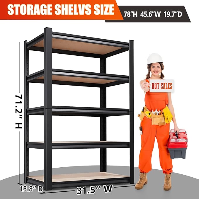 71"H Garage Shelving-5 Tier Storage Shelves,Adjustable Heavy Duty Metal Shelving Unit and Storage Large Rack,Utility Steel Shelf For Warehouse Industrial Pantry Basement Organizers 71"x32"x14"
