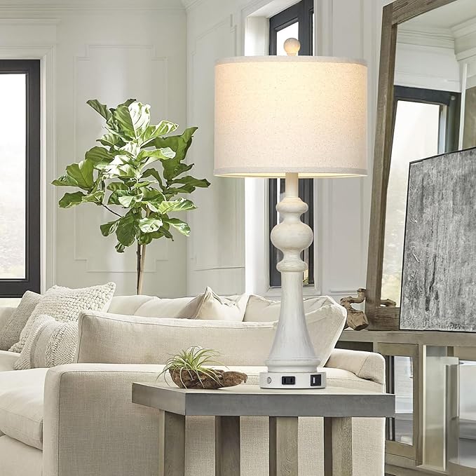 28" Farmhouse Table Lamp with USB A+C Fast Ports & AC Outlets, Vintage Rustic 3-Way Dimmable Touch Control Table Lamp, Rustic Traditional Bedside Nightstand Lamp for Living Room Bedroom White