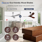 52" Walnut Wood Ceiling Fans,Outdoor Ceiling Fan without Light for Patios,3 Blade Small Propeller Fan Ceiling Mount for Outside Pergola,6 Speed Reversible Quiet DC Motor Fan for Bedroom