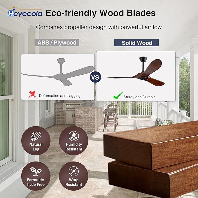 52" Walnut Wood Ceiling Fans,Outdoor Ceiling Fan without Light for Patios,3 Blade Small Propeller Fan Ceiling Mount for Outside Pergola,6 Speed Reversible Quiet DC Motor Fan for Bedroom