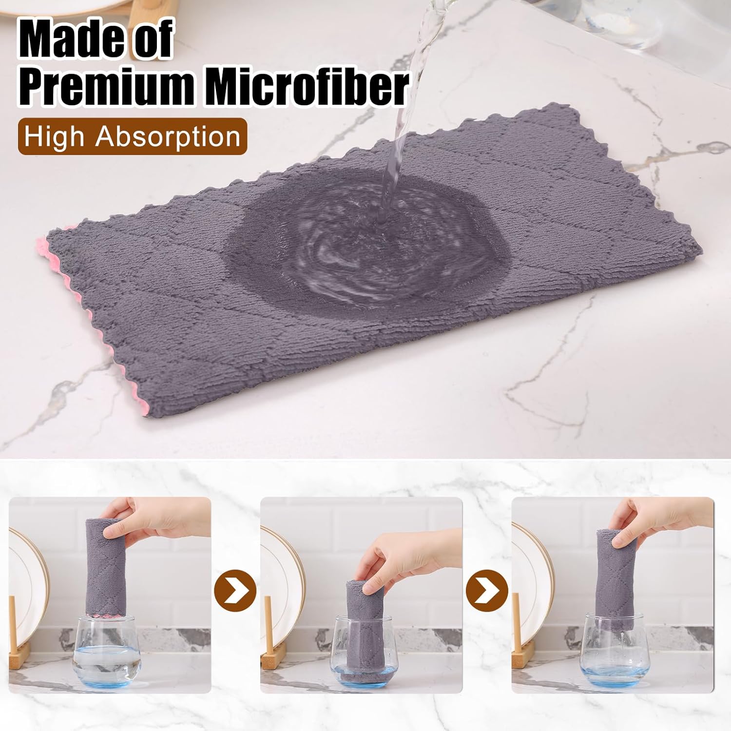 Mordimy 24 Pack Kitchen Cloths Dish Towels (10" x 10", Grey & Pink), Super Soft and Absorbent Dish Cloths, Coral Velvet Microfiber Cleaning Cloth, Nonstick Oil Fast Dry Dishcloths