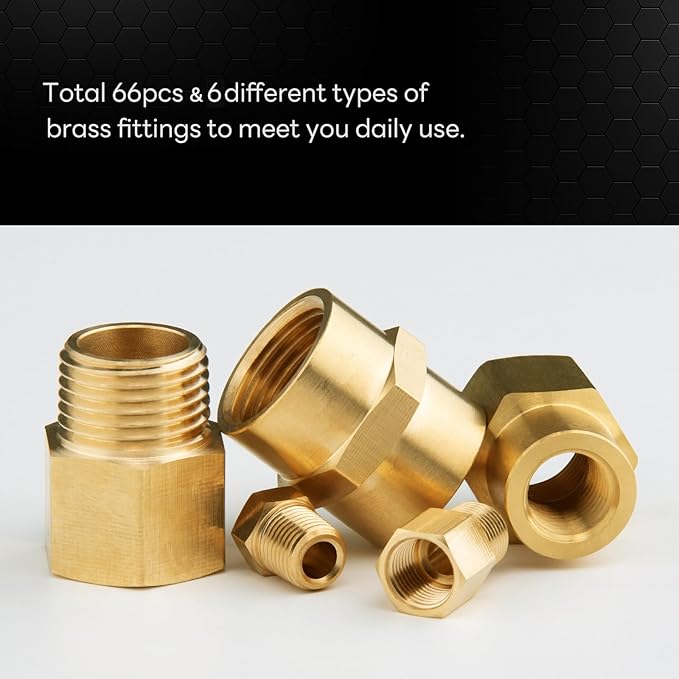 KOOTANS 66pcs Brass Pipe Fittings Assortment NPT Adapter Fitting, Reducer Bushing, Hex Nipple, Reducing Hex Coupling, Pipe Head Brass Plug Kit