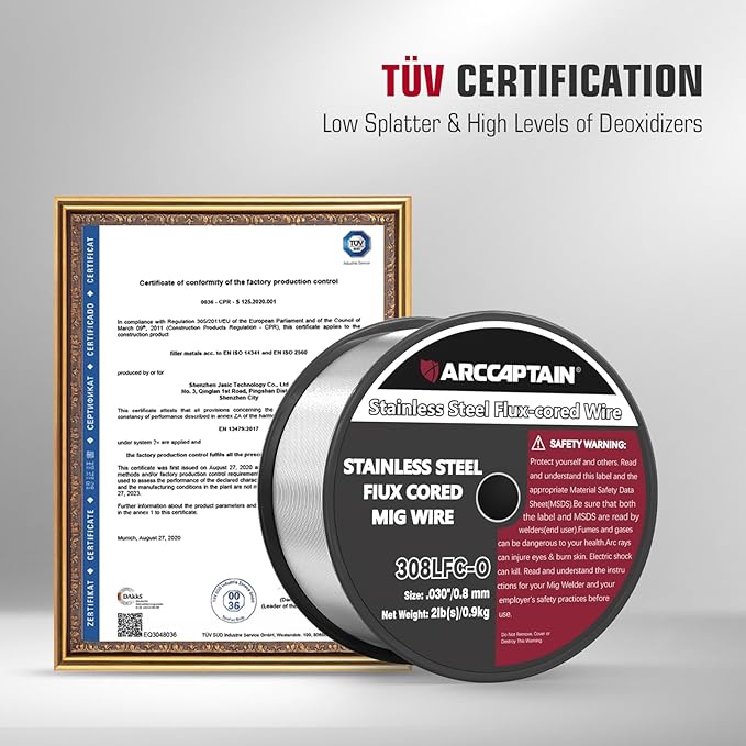 ARCCAPTAIN Stainless Steel Flux Cored Wire E308LFC-O .030-Diameter MIG Welding Wire Stainless Steel Wire with Low Splatter Compatible With Lincoln Miller Forney Harbor MIG Welder 4-Pound