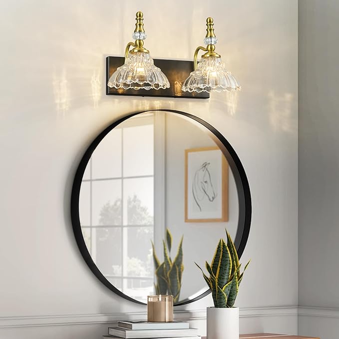 Vintage Bathroom Vanity Light, 2-Light Black Gold Vanity Lighting Fixture with Flower Glass Shade, Bathroom Lighting Fixtures Over Mirror