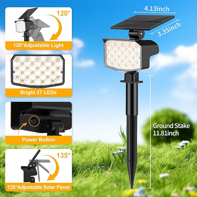 Solar Spot Lights Outdoor Waterproof Adjustable Solar Powered Landscape Lights for Yard 3 Long Time Lighting Modes Spotlights for Pathway Garden Outside Wall Pool Porch- 2 Pack, Warm White