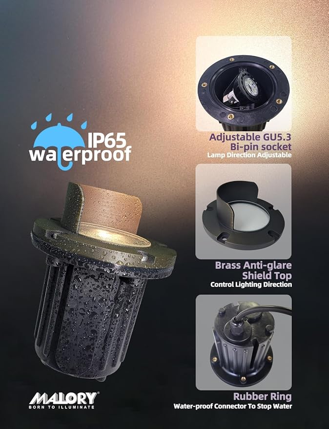 MALORY Brass Top Cover Landscape Well Lights,(6''H) 12V Low Voltage Outdoor In Ground Lights,Anti-Glare Landscape Lighting with 5W 450LM MR16 for Pathway, Driveway (Shield Top, 1-Pack with Bulb)