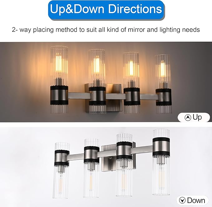 MELUCEE Bathroom Light Fixtures Over Mirror 4 Lights Brushed Nickel Vanity Lights with Ribbed Clear Glass Shade Farmhouse Wall Mount Lamp for Bath Kitchen Bedroom Hallway, E12 Base