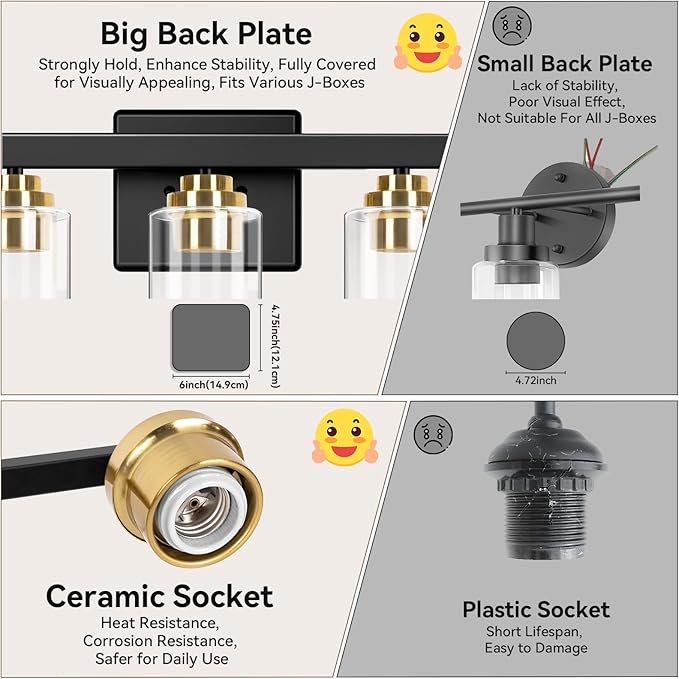 3-Light Bathroom Light Fixtures, 19" Modern Vanity Lights Over Mirror with Clear Glass Shades, Black & Gold Light Fixture, Classic Wall Light Fixture for Mirror Living Room Cabinet Bedroom Porch