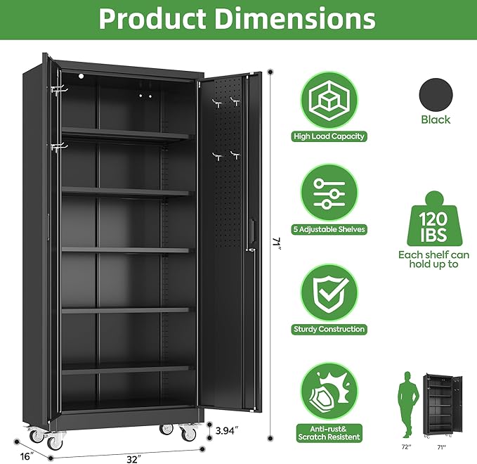 Metal Storage Cabinet with Wheels and Pegboard,71" H x 32" W x 16" D Garage Storage Cabinet with 2 Doors and 5 Adjustable Shelves for Garage, Home, Warehouse, Closet, Assembly Required, Black