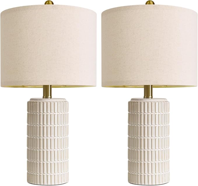PoKat 20.75" Small Modern Ceramic Table Lamps Set of 2 for Bedroom, White Bedside Lamps for Night Stands, Farmhouse Desk Decor Nightstand Table Lamps for Living Room End Table Beige