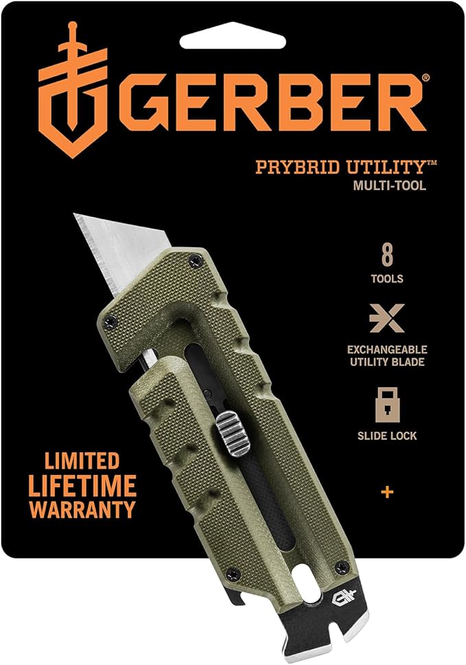 Gerber Gear Prybrid Utility Knife with Pry Bar, EDC Multi-Tool Pocket Razor Knife with Retractable Blade, Green