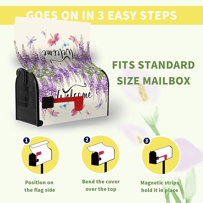 Violet Spring Floral Welcome Mailbox Covers Magnetic Purple Flowers Dragonflies Mailbox Cover Summer Post Box Cover Wraps Standard Size 18 X 21 Inch for Home Yard Decorations