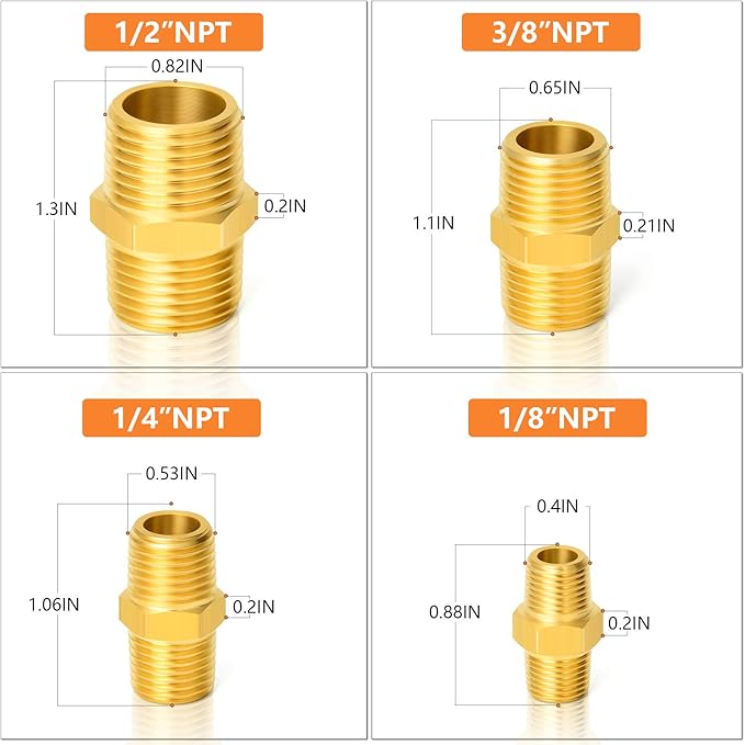 GASHER 8PCS Brass Pipe Fitting Hex Nipple Kit 1/8 inch 1/4 inch 3/8 inch 1/2 inch