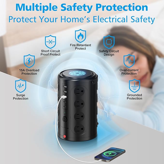 Surge Protector Power Strip,Desk Charging Station with 15W Wireless Charger, Multiple Outlets Charging Station with 16 AC Outlets & 5 USB (2 USB C) Port, for Home, Office, Dorm Room（10FT）