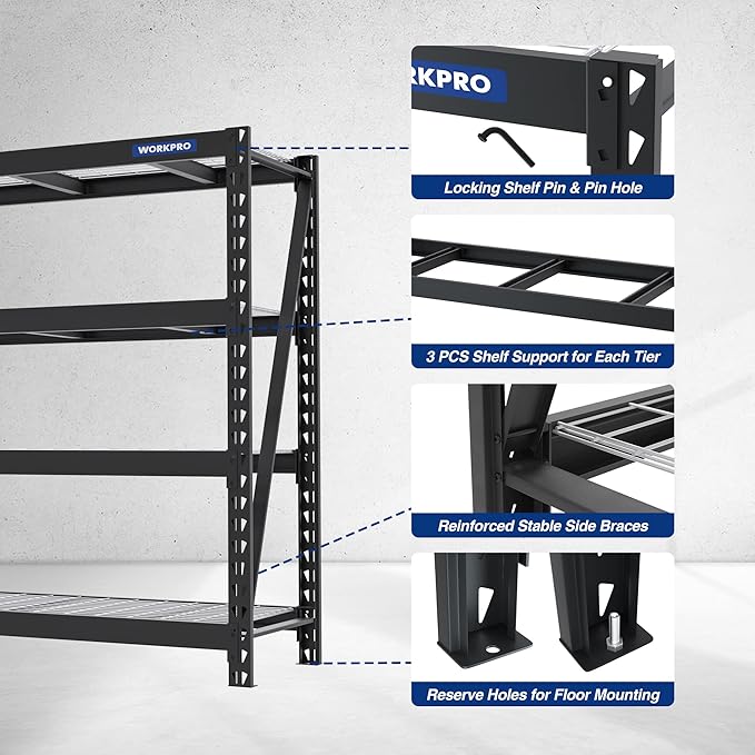 WORKPRO 68" Ultra Wide 4-Tier Metal Garage Shelving Unit, 68"W x 24"D x 65"H, 7200 LBS Capacity, Heavy Duty Storage Utility Rack, Industrial Adjustable Shelves for Shop Warehouse Basement, Pack of 2