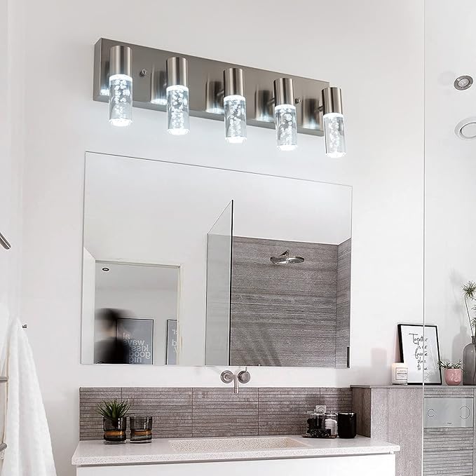 5-Light Bathroom Light Fixtures, Modern Led Vanity Lights 40W 6000K (Non-dimmable) Brushed Nickel Vanity Lights Bathroom Fixture. for Bathroom, Bedroom, Living Room…