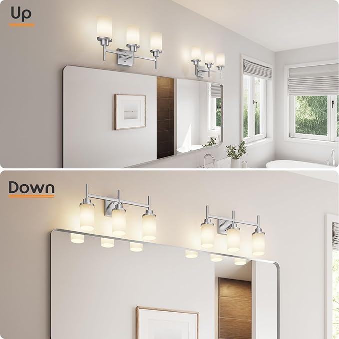 Bathrom Light Fixtures Brushed Nickel 3-Light with White Frosted Glass Shade, Modern Wall Lamps Over Mirror for Bath Washroom Living Room T001BR-L3