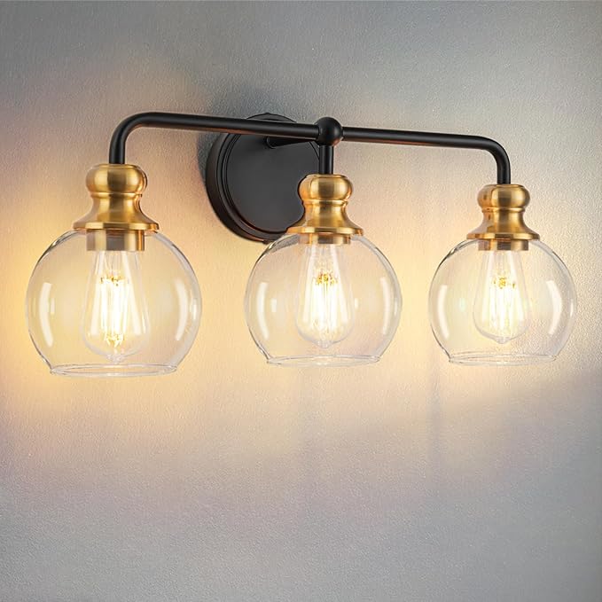 Black and Gold 3-Light Bathroom Vanity Fixture with Clear Glass Shades Modern Wall Lamp Suitable for Bathrooms, Dressing Rooms