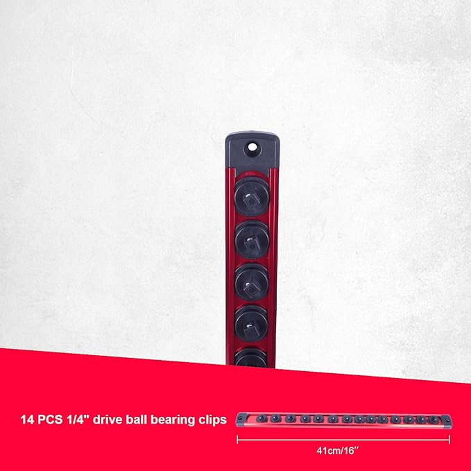 Magnetic Socket Holder Organizer Set:1/4-Inch Drive Socket Trays Socket, 360° Swivel 14 Clips Socket Holder Kit, For Automotive Mechanic Garage (Red)