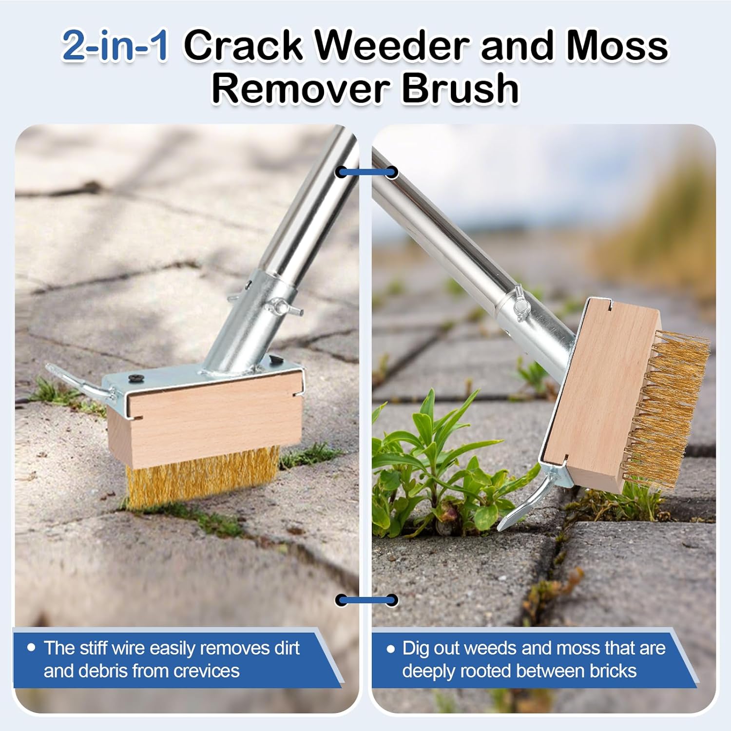 3-in-1 Deck Brush Kit Include Stainless Steel Wire Broom Brush with Long Handle, Floor Scrubber Brush & Crack Weeder Tool for Cleaning Outdoor Broom, Concrete, Garage, Patio, Swimming Pool