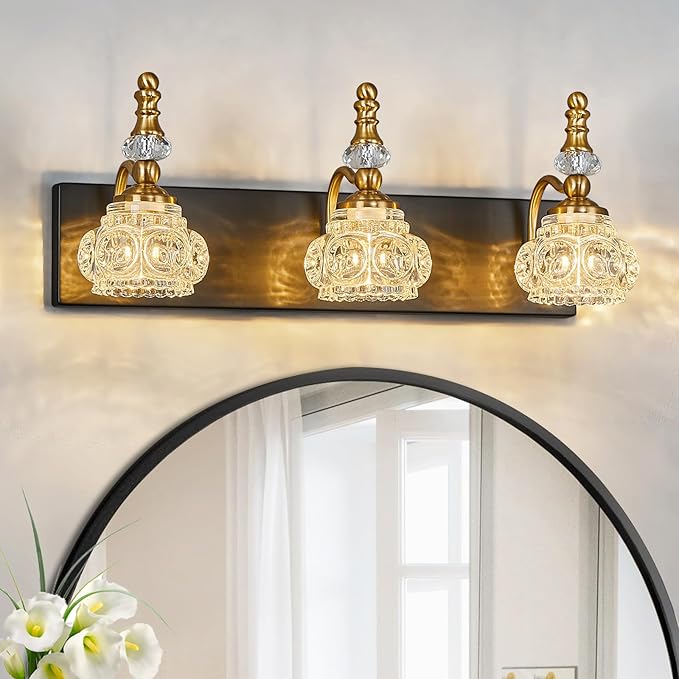 Bathroom Light Fixtures, Modern Glass Crystal Vanity Light Vintage Bathroom Lighting Fixtures Over Mirror 3 Light Vanity Lights G9 Bulb (19.68 Inch, Black Gold)