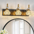 Bathroom Light Fixtures, Modern Glass Crystal Vanity Light Vintage Bathroom Lighting Fixtures Over Mirror 3 Light Vanity Lights G9 Bulb (19.68 Inch, Black Gold)