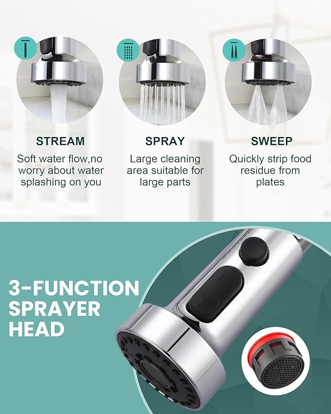 Kitchen Faucet with Pull Down Sprayer: Chrome 3-Function Kitchen Sink Faucet for 1 or 3 Hole - Stainless Steel Single Handle Spring Kitchen Faucets with Deck Plate for Farmhouse RV Laundry