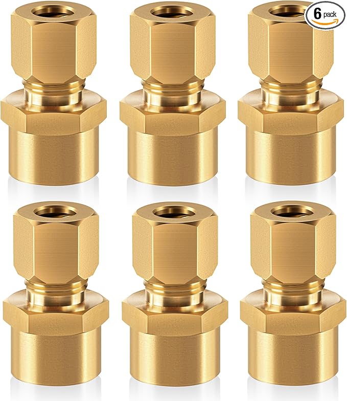 Brass compression tube pipe fitting connector Straight Coupling Adapter 1/4" Tube OD x 1/4" NPT Female Connector 6pcs (1/4od to 1/4npt)