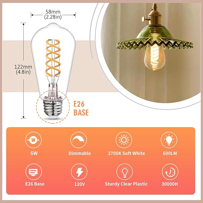 8 - Pack Dimmable Vintage LED Edison Bulbs, E26 LED Bulb 60 Watt Equivalent, Warm White 2700K, ST19/ST58 Antique Spiral Filament Decorative Light Bulb.