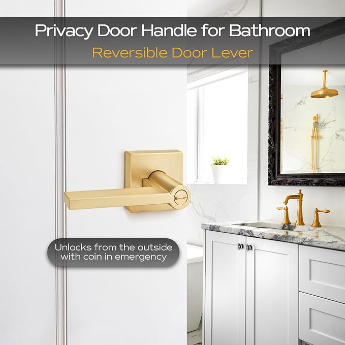 EHOMEWARE 3 Pack Gold Door Handles, Heavy Duty Door Knobs Interior for Bedroom Bathroom, Zinc Alloy Privacy Door Levers Door Handle with Lock, Satin Brass Modern Door Hardware & Locks