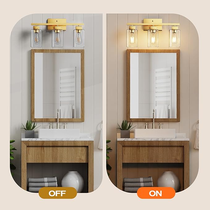 PARTPHONER 3-Light Bathroom Light Fixtures, Brushed Gold Modern Vanity Lights, Bathroom Lighting Fixtures Over Mirror, Square Design Farmhouse Wall Sconces with Clear Glass Shades