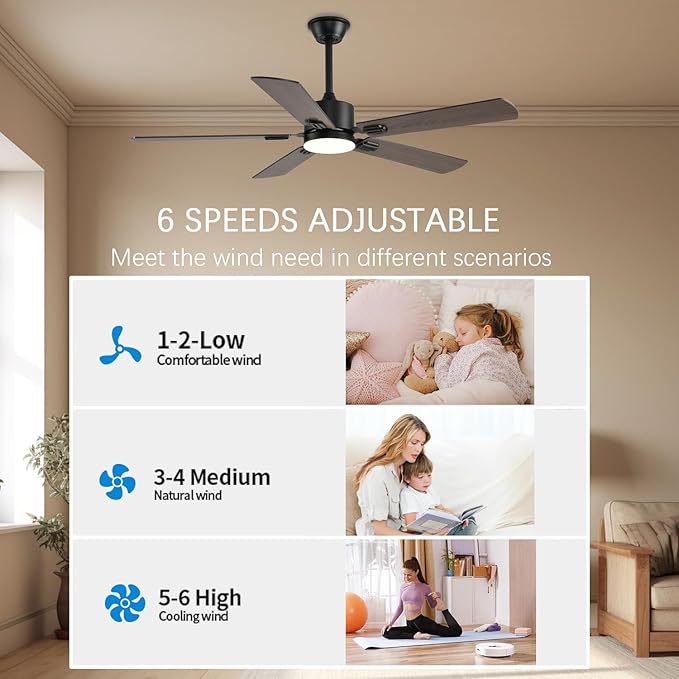52 inch Modern Ceiling Fans with Lights APP/Remote Control, Low Profile Reversible 6 Speeds Dimmable Ceiling Fan Light for Indoor/Outdoor Bedroom Living Room（Brown）